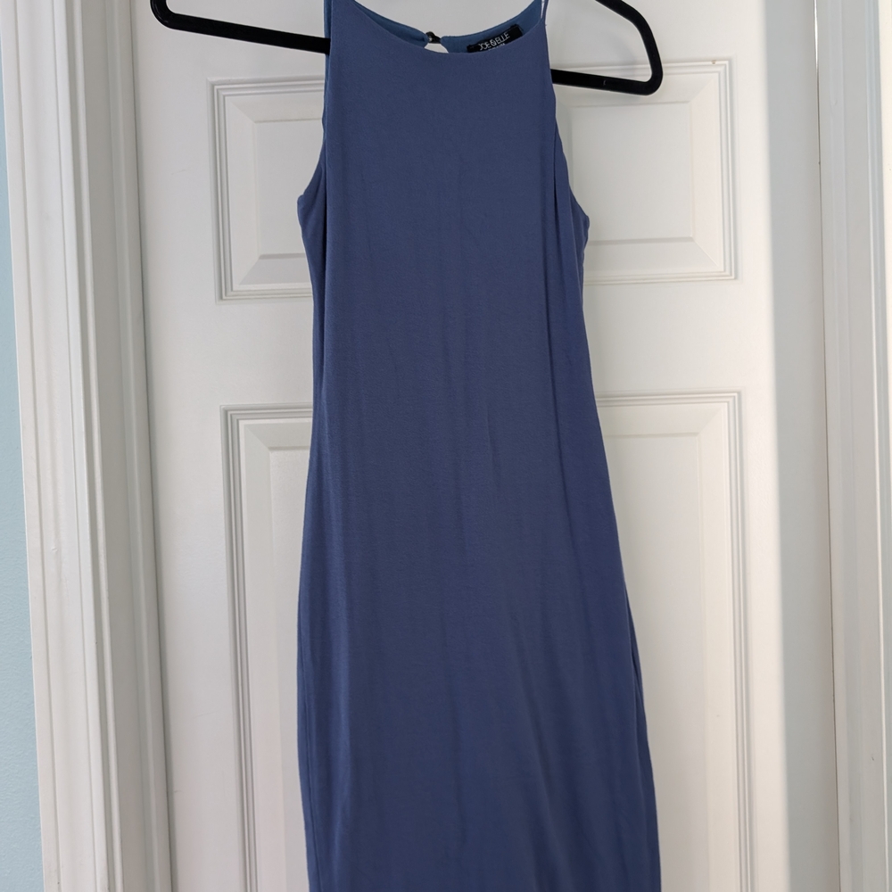 Joe & Elle Muted Blue-Gray Midi Sheath Dress with Halter Neckline